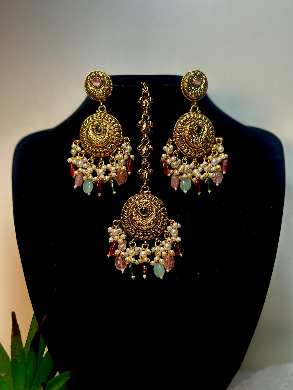 Navratna-Inspired Multi-Gem Antique Choker Set
