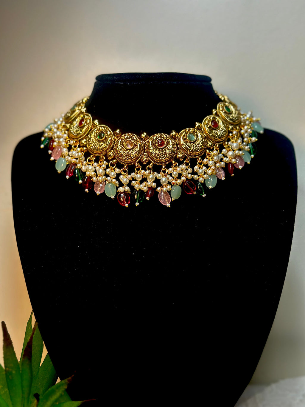Navratna-Inspired Multi-Gem Antique Choker Set